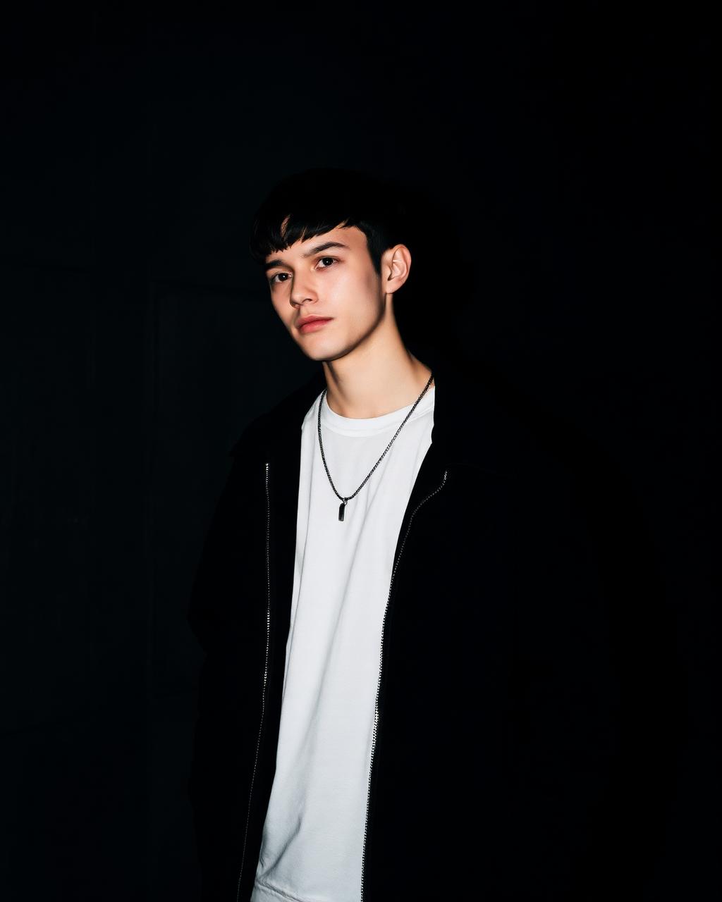 Editorial — model in zipped black overshirt