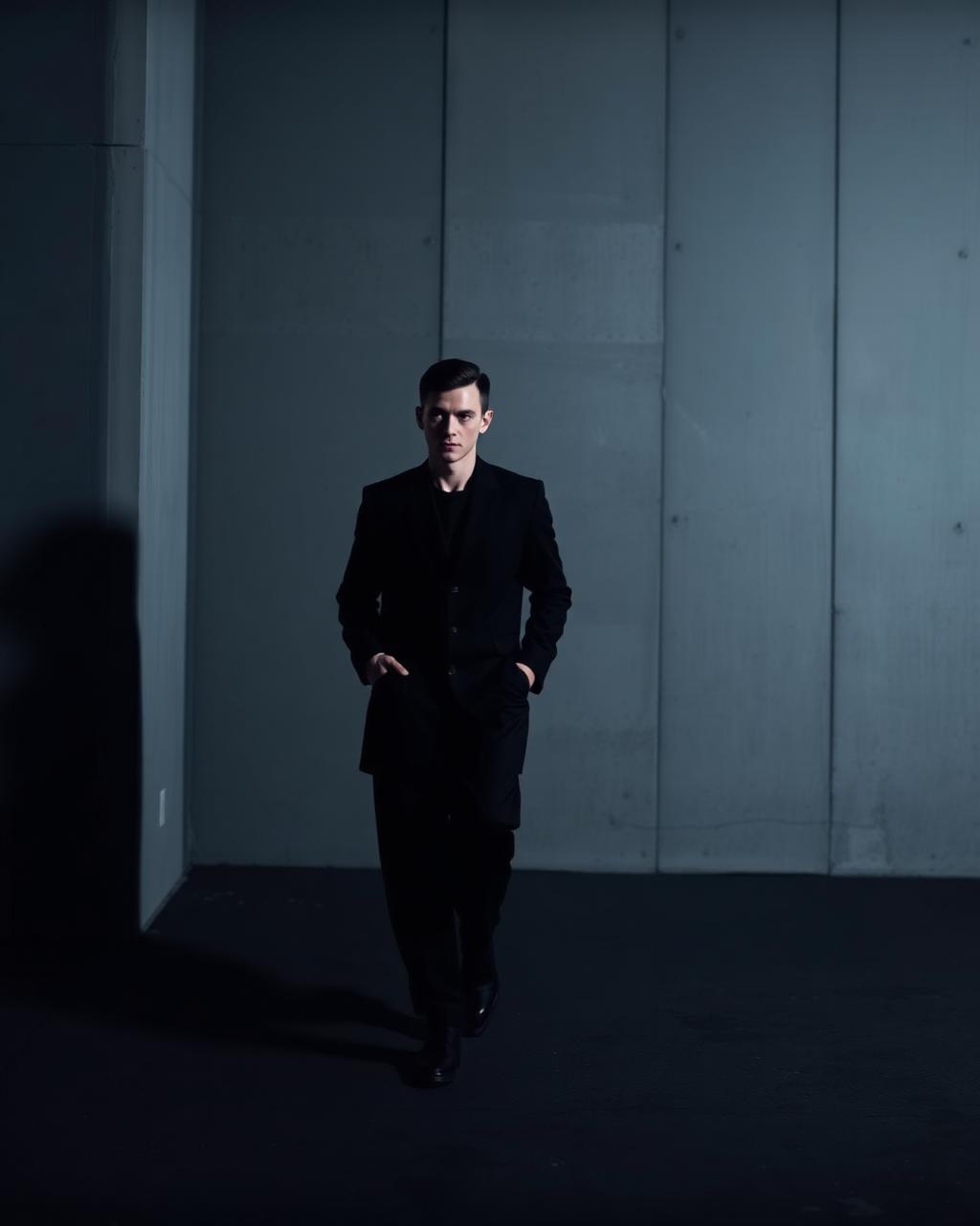Editorial — tailored black silhouette in concrete corridor